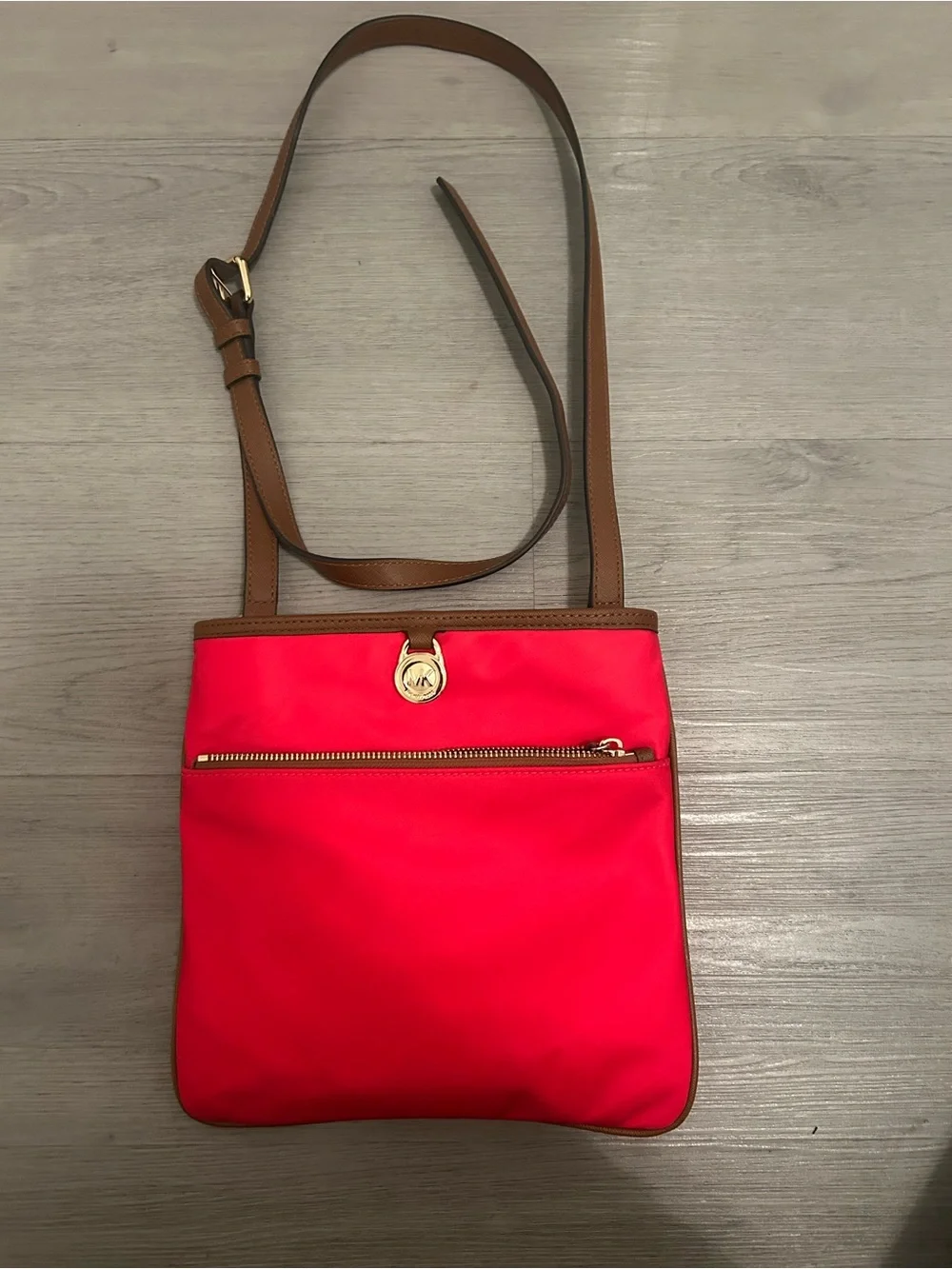Michael Kors Red Crossbody with Brown Trim and Gold Hardware